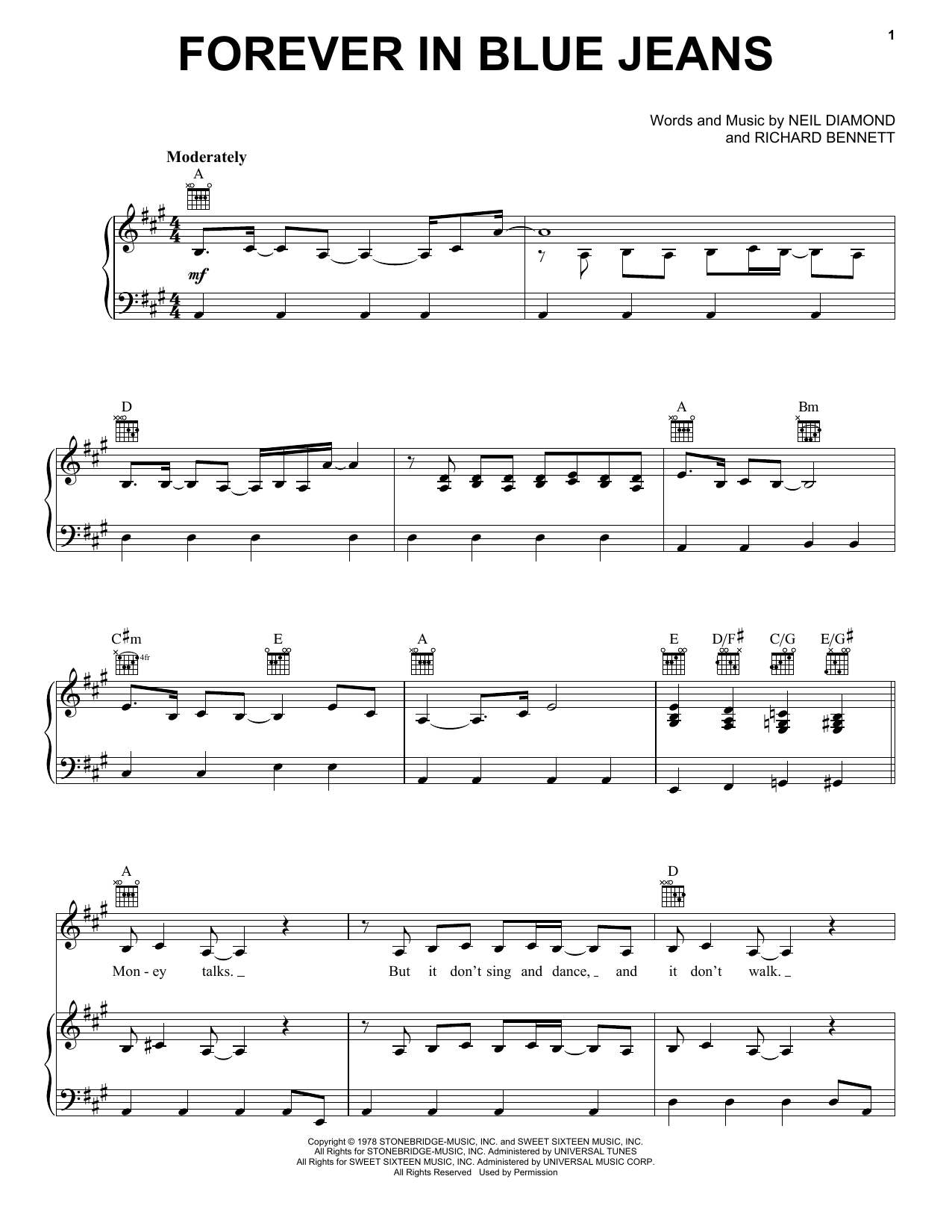 Neil Diamond Forever In Blue Jeans sheet music notes and chords. Download Printable PDF.