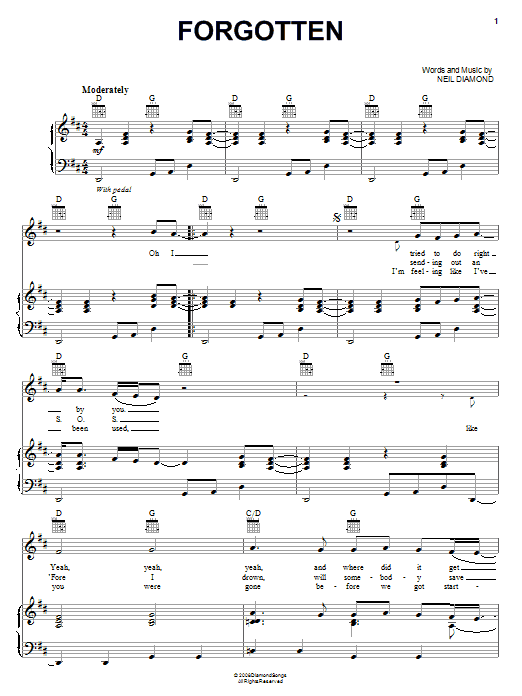 Learn to play Neil Diamond Forgotten sheet music for Piano, Vocal & Guitar Chords (Right-Hand Melody) in minutes. Price: 7.8900$ Neil Diamond Forgotten sheet music notes and chords arranged for Piano, Vocal & Guitar Chords (Right-Hand Melody)