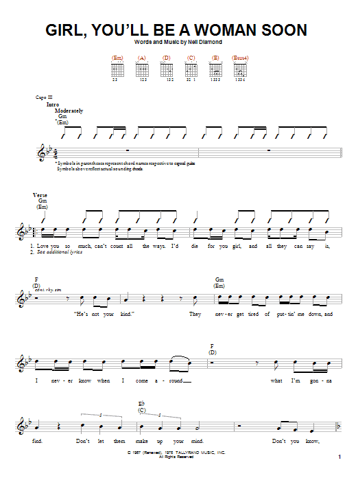 Neil Diamond Girl, You'll Be A Woman Soon sheet music notes and chords. Download Printable PDF.