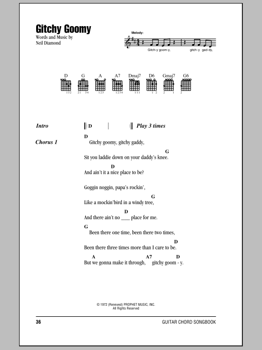 Neil Diamond Gitchy Goomy sheet music notes and chords. Download Printable PDF.