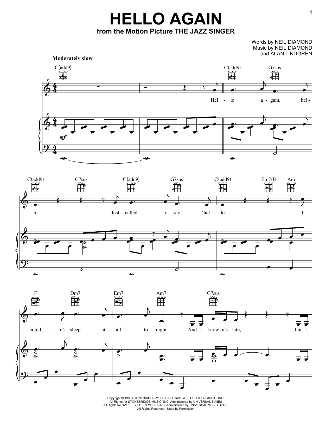 Neil Diamond Hello Again sheet music notes and chords. Download Printable PDF.