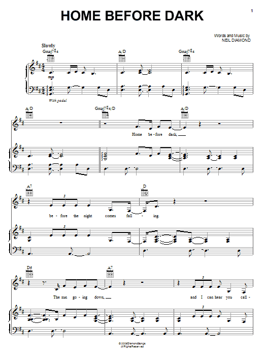 Learn to play Neil Diamond Home Before Dark sheet music for Piano, Vocal & Guitar Chords (Right-Hand Melody) in minutes. Price: 7.8900$ Neil Diamond Home Before Dark sheet music notes and chords arranged for Piano, Vocal & Guitar Chords (Right-Hand Melody)