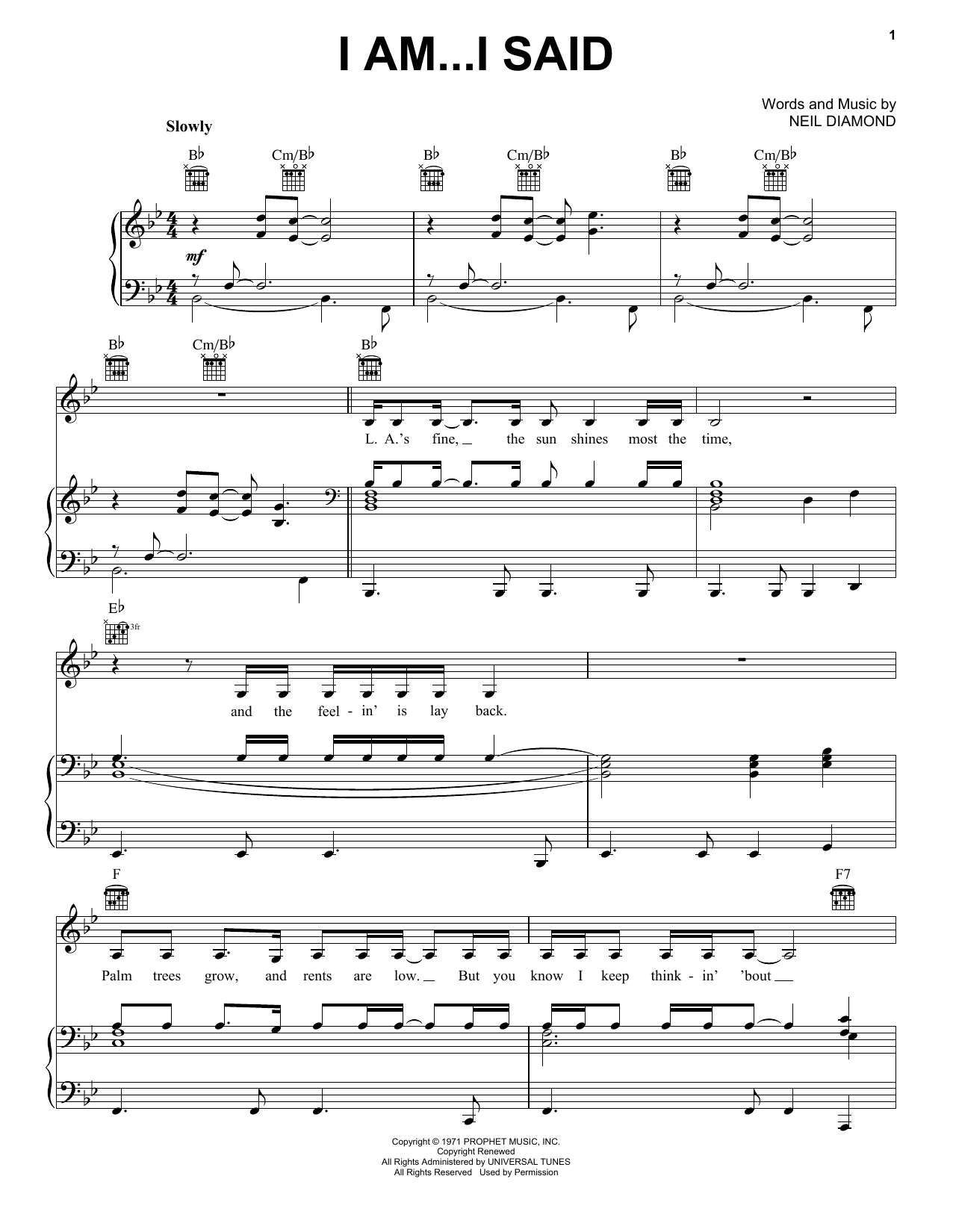 Neil Diamond I Am...I Said sheet music notes and chords. Download Printable PDF.