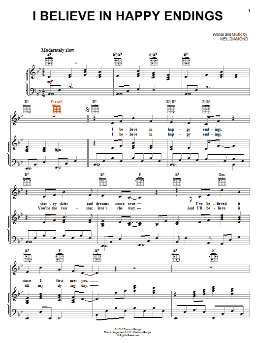 Learn to play Neil Diamond I Believe In Happy Endings sheet music for Piano, Vocal & Guitar Chords (Right-Hand Melody) in minutes. Price: 7.8900$ Neil Diamond I Believe In Happy Endings sheet music notes and chords arranged for Piano, Vocal & Guitar Chords (Right-Hand Melody)