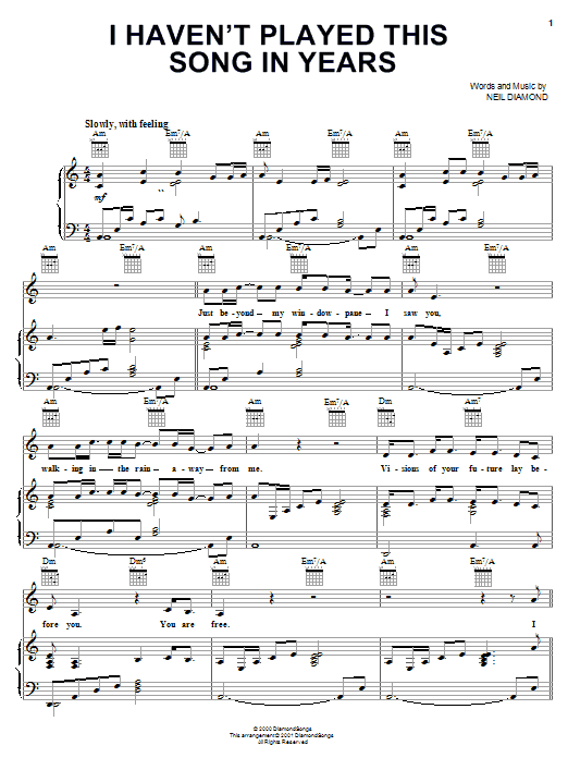 Learn to play Neil Diamond I Haven't Played This Song In Years sheet music for Piano, Vocal & Guitar Chords (Right-Hand Melody) in minutes. Price: 7.8900$ Neil Diamond I Haven't Played This Song In Years sheet music notes and chords arranged for Piano, Vocal & Guitar Chords (Right-Hand Melody)