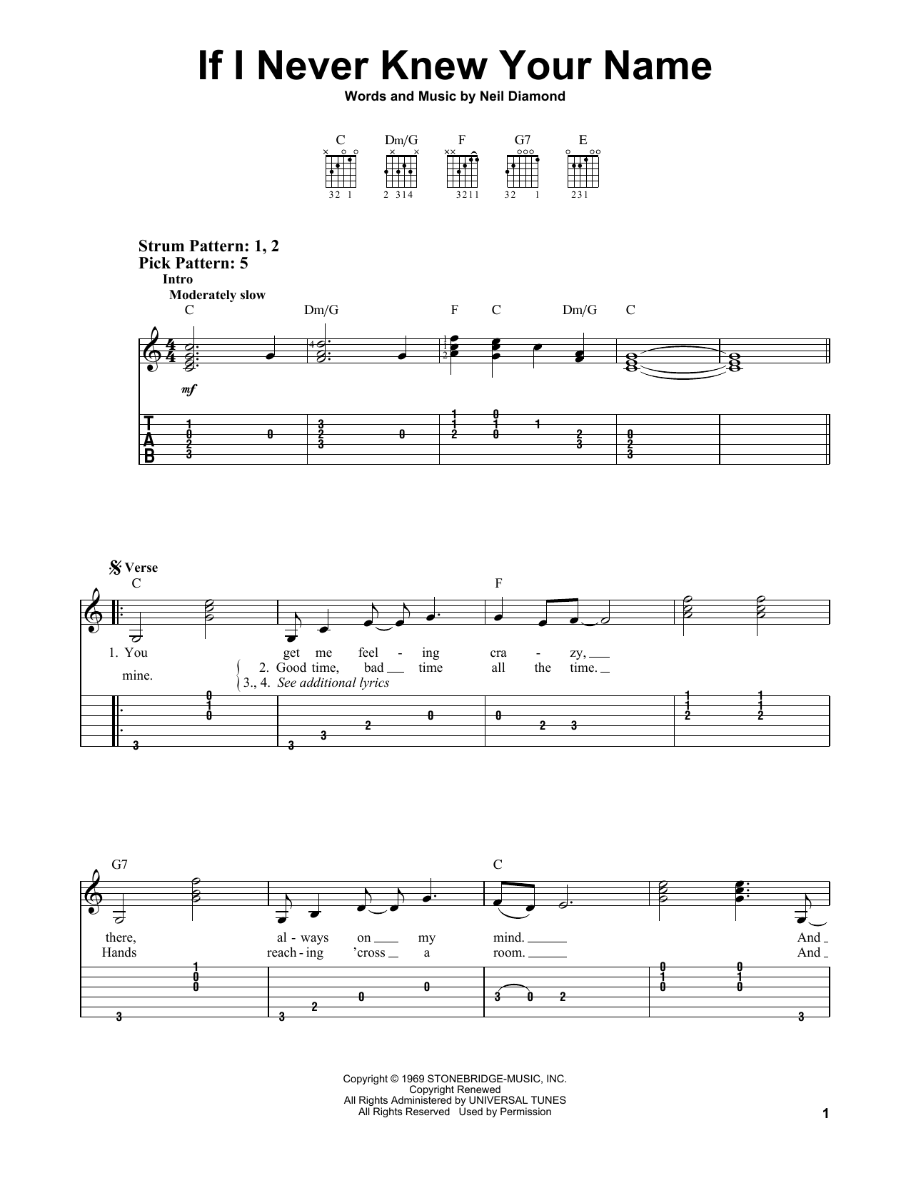 Neil Diamond If I Never Knew Your Name sheet music notes and chords. Download Printable PDF.