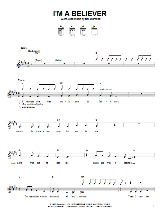 Neil Diamond I'm A Believer sheet music notes and chords. Download Printable PDF.