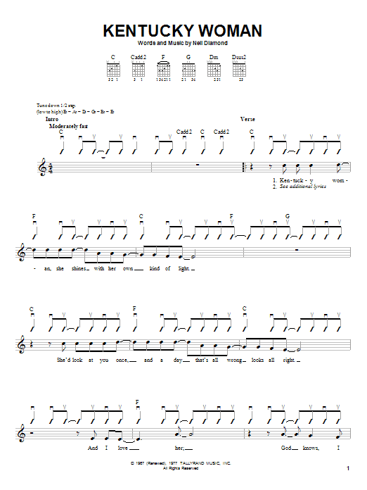 Neil Diamond Kentucky Woman sheet music notes and chords. Download Printable PDF.