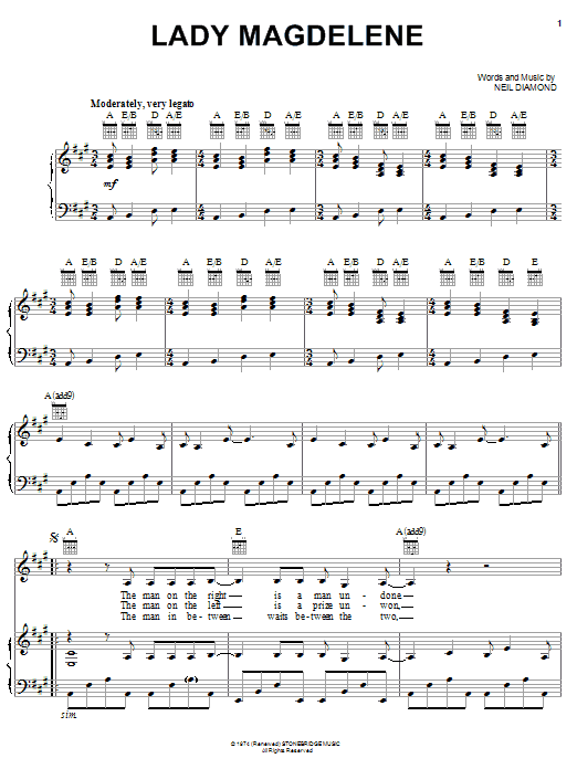Learn to play Neil Diamond Lady Magdelene sheet music for Piano, Vocal & Guitar Chords (Right-Hand Melody) in minutes. Price: 7.8900$ Neil Diamond Lady Magdelene sheet music notes and chords arranged for Piano, Vocal & Guitar Chords (Right-Hand Melody)