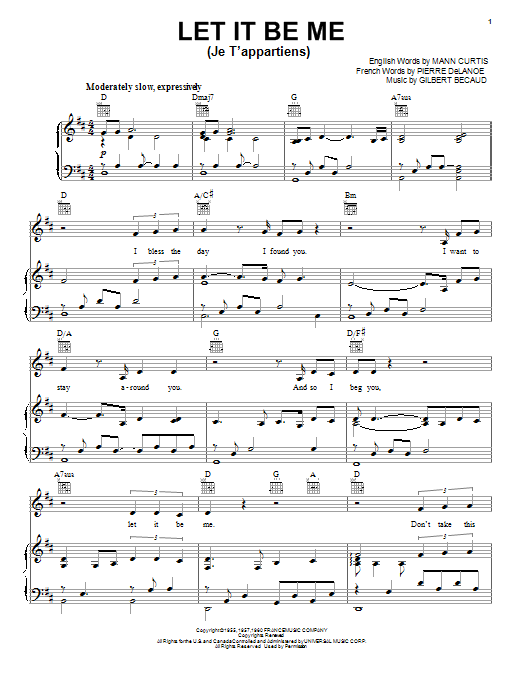 Neil Diamond Let It Be Me (Je T'appartiens) sheet music notes and chords. Download Printable PDF.