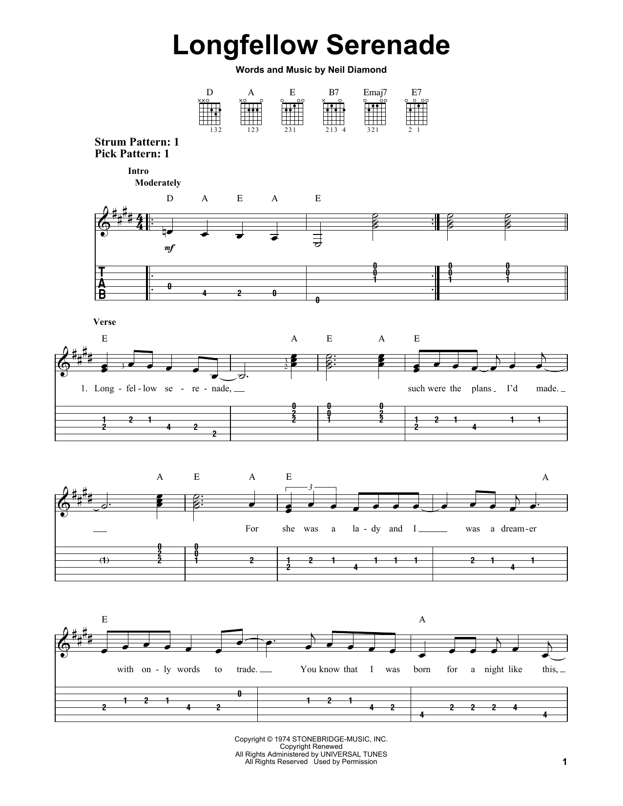 Neil Diamond Longfellow Serenade sheet music notes and chords. Download Printable PDF.