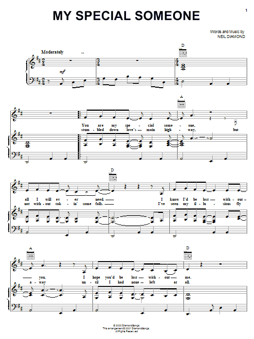 Learn to play Neil Diamond My Special Someone sheet music for Piano, Vocal & Guitar Chords (Right-Hand Melody) in minutes. Price: 7.8900$ Neil Diamond My Special Someone sheet music notes and chords arranged for Piano, Vocal & Guitar Chords (Right-Hand Melody)