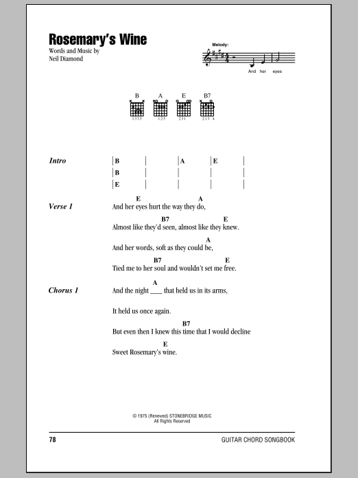 Neil Diamond Rosemary's Wine sheet music notes and chords. Download Printable PDF.