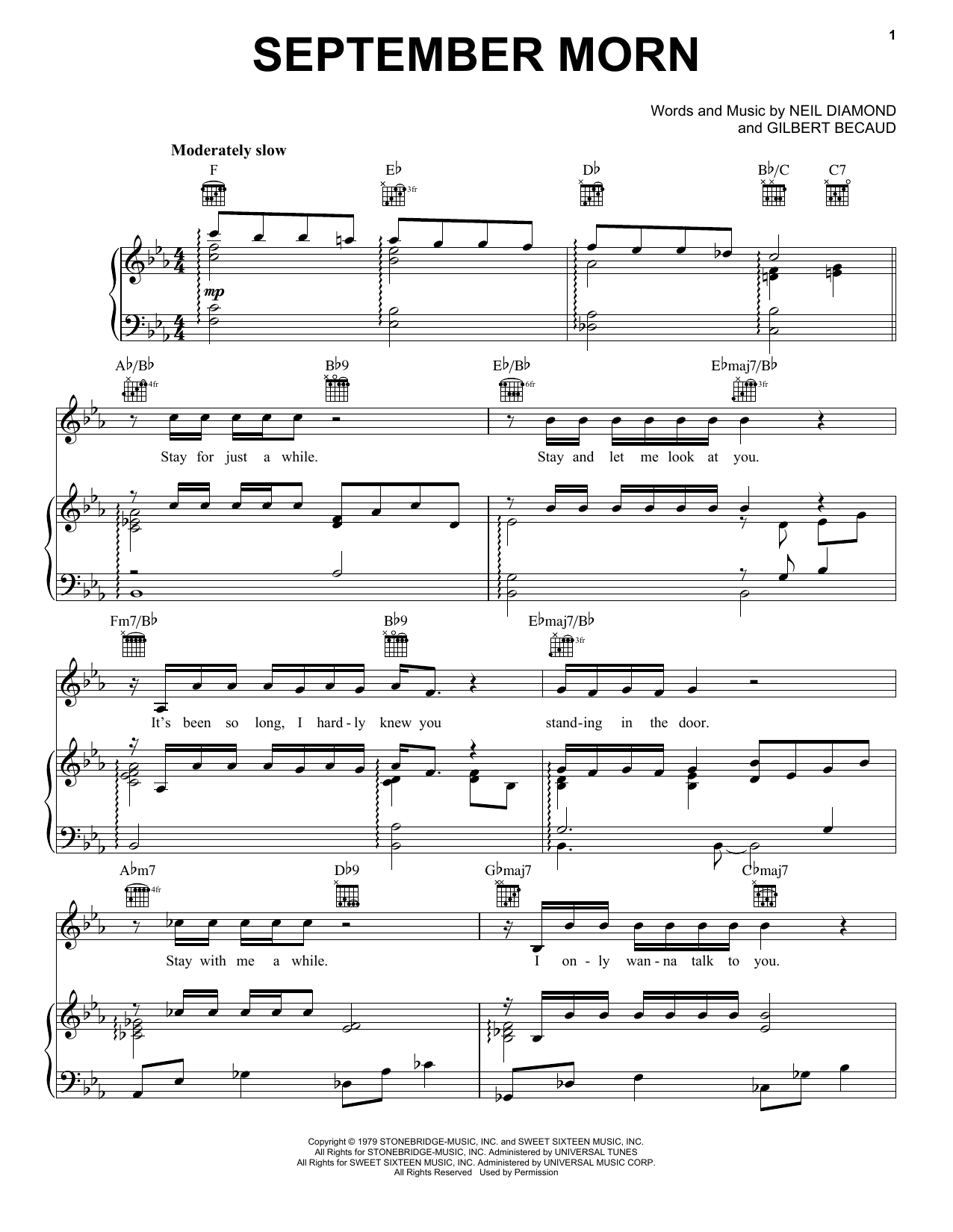 Neil Diamond September Morn sheet music notes and chords. Download Printable PDF.