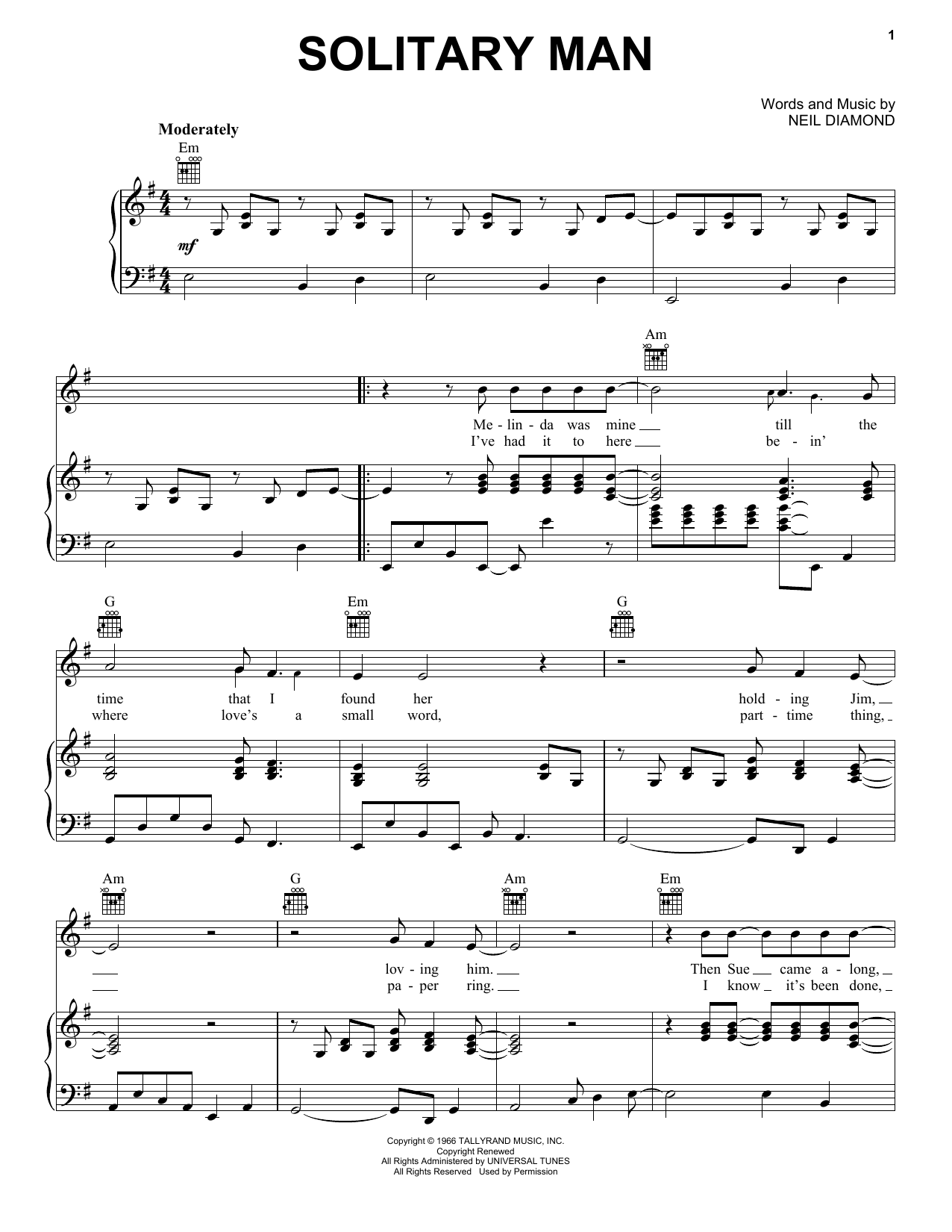 Neil Diamond Solitary Man sheet music notes and chords. Download Printable PDF.