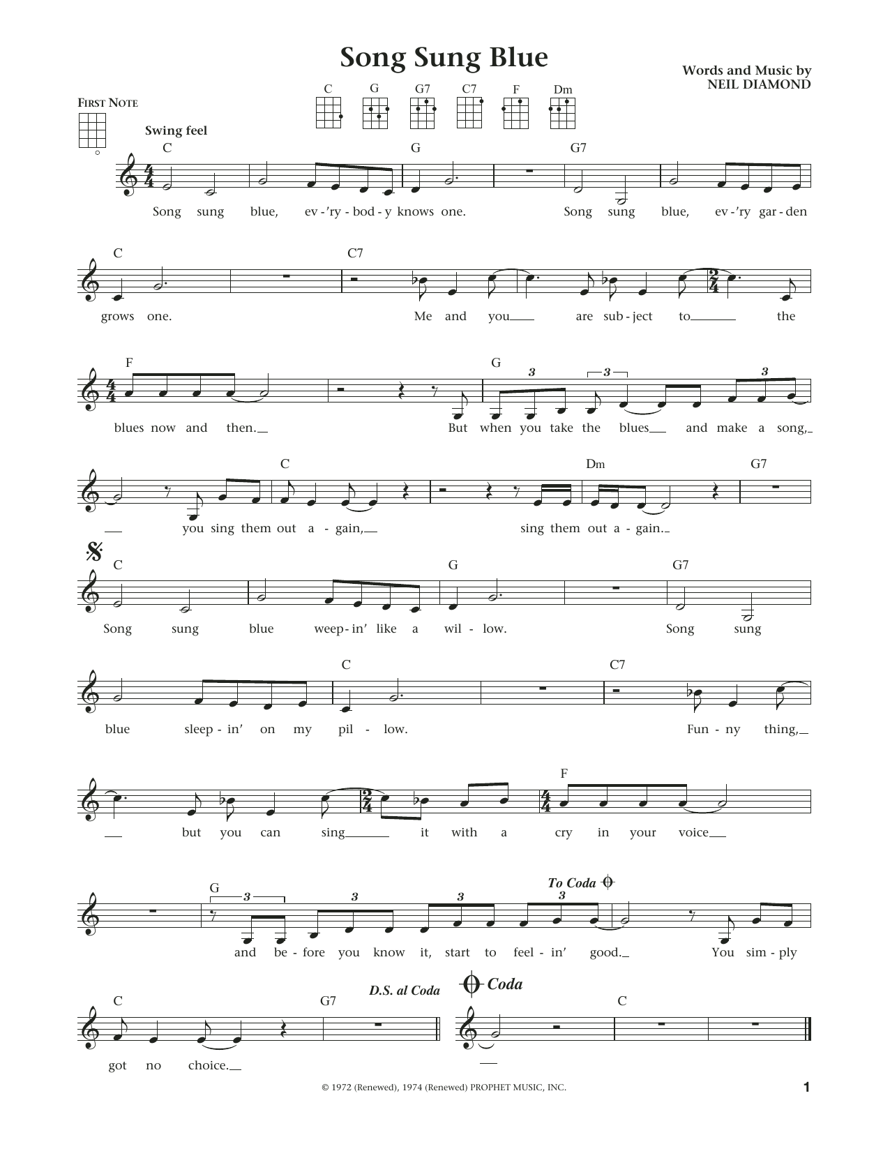 Learn to play Neil Diamond Song Sung Blue (from The Daily Ukulele) (arr. Liz and Jim Beloff) sheet music for Ukulele in minutes. Price: 5.9900$ Neil Diamond Song Sung Blue (from The Daily Ukulele) (arr. Liz and Jim Beloff) sheet music notes and chords arranged for Ukulele
