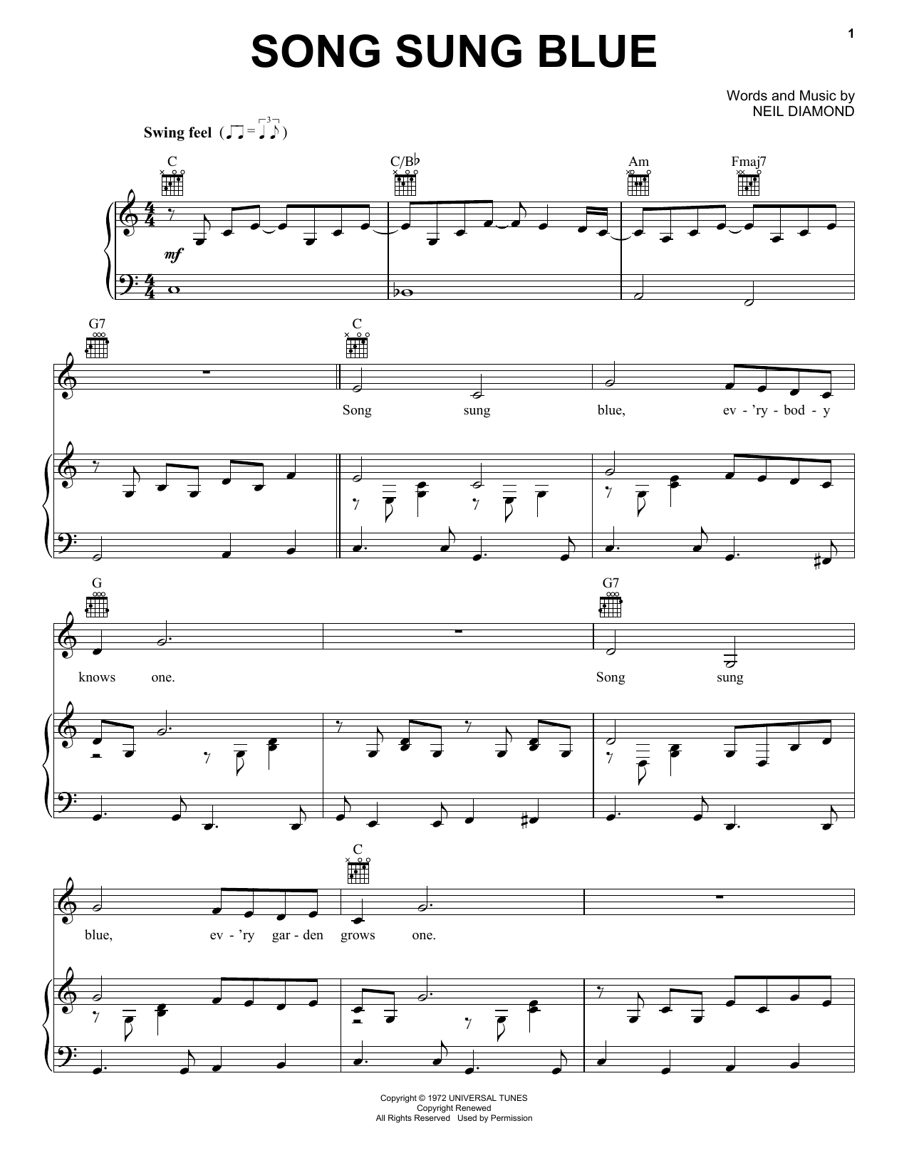 Neil Diamond Song Sung Blue sheet music notes and chords. Download Printable PDF.