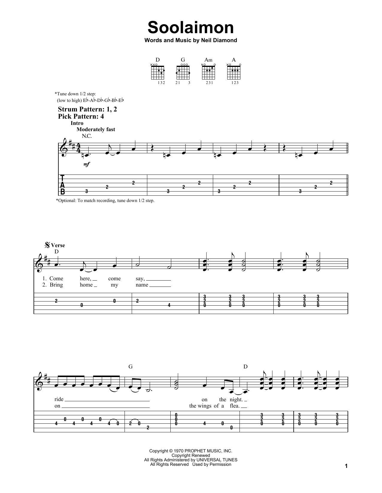 Neil Diamond Soolaimon sheet music notes and chords. Download Printable PDF.