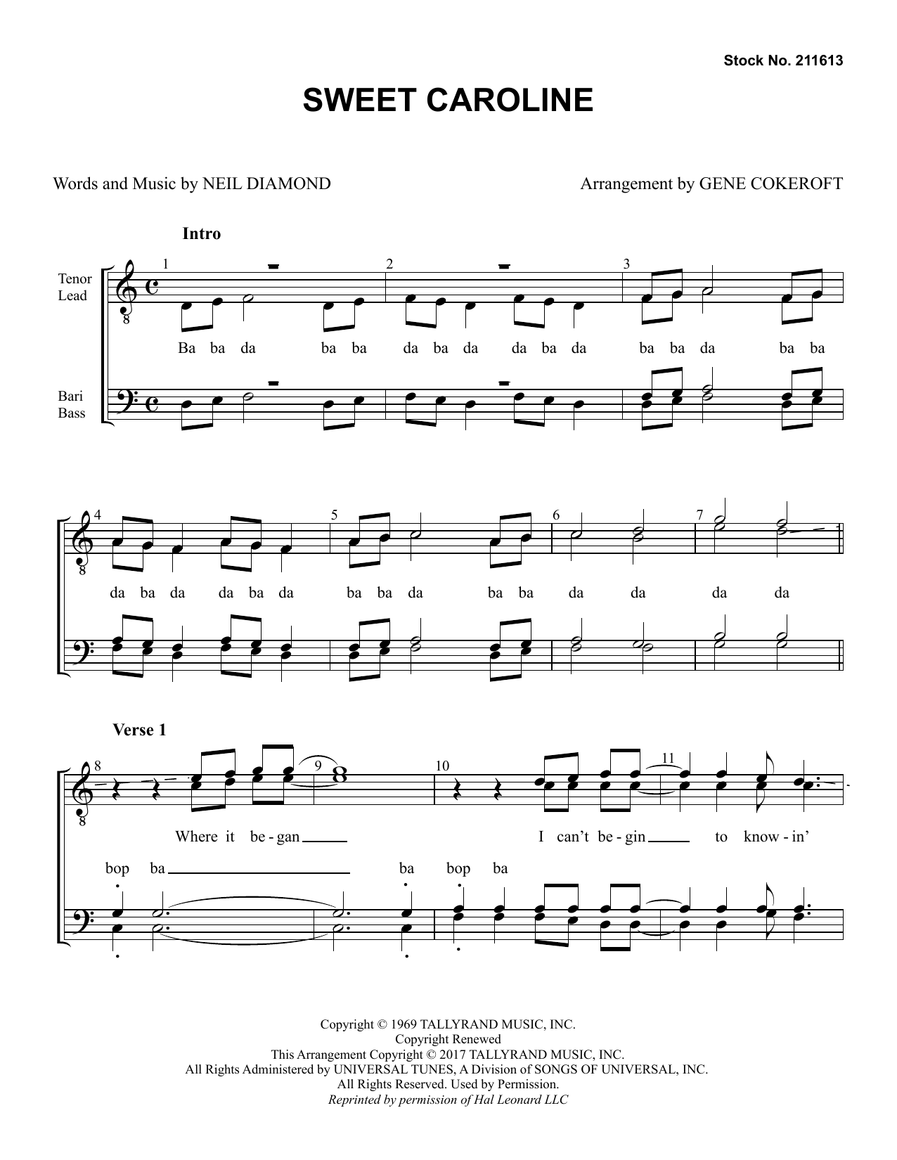 Neil Diamond Sweet Caroline (arr. Gene Cokeroft) sheet music notes and chords. Download Printable PDF.