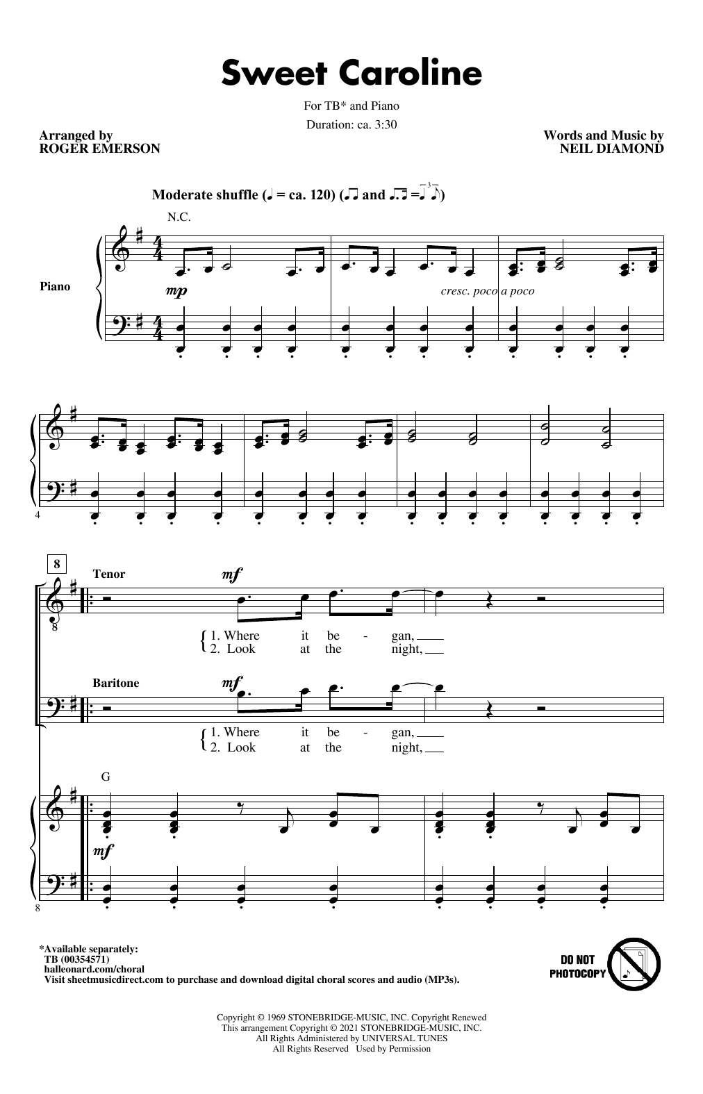 Neil Diamond Sweet Caroline (arr. Roger Emerson) sheet music notes and chords. Download Printable PDF.