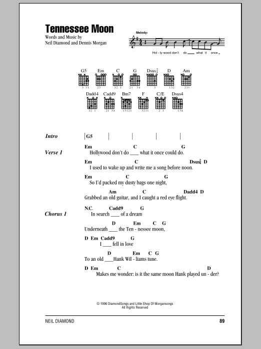 Learn to play Neil Diamond Tennessee Moon sheet music for Piano, Vocal & Guitar Chords in minutes. Price: 7.8900$ Neil Diamond Tennessee Moon sheet music notes and chords arranged for Piano, Vocal & Guitar Chords