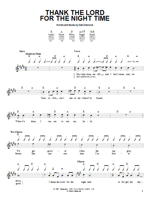 Neil Diamond Thank The Lord For The Night Time sheet music notes and chords. Download Printable PDF.