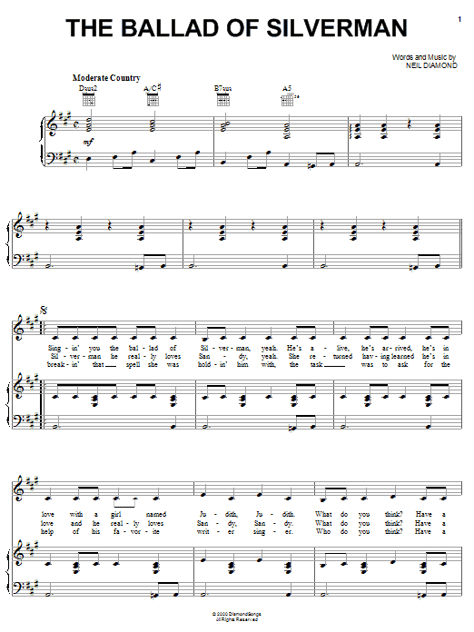 Learn to play Neil Diamond The Ballad Of Silverman sheet music for Piano, Vocal & Guitar Chords (Right-Hand Melody) in minutes. Price: 7.8900$ Neil Diamond The Ballad Of Silverman sheet music notes and chords arranged for Piano, Vocal & Guitar Chords (Right-Hand Melody)