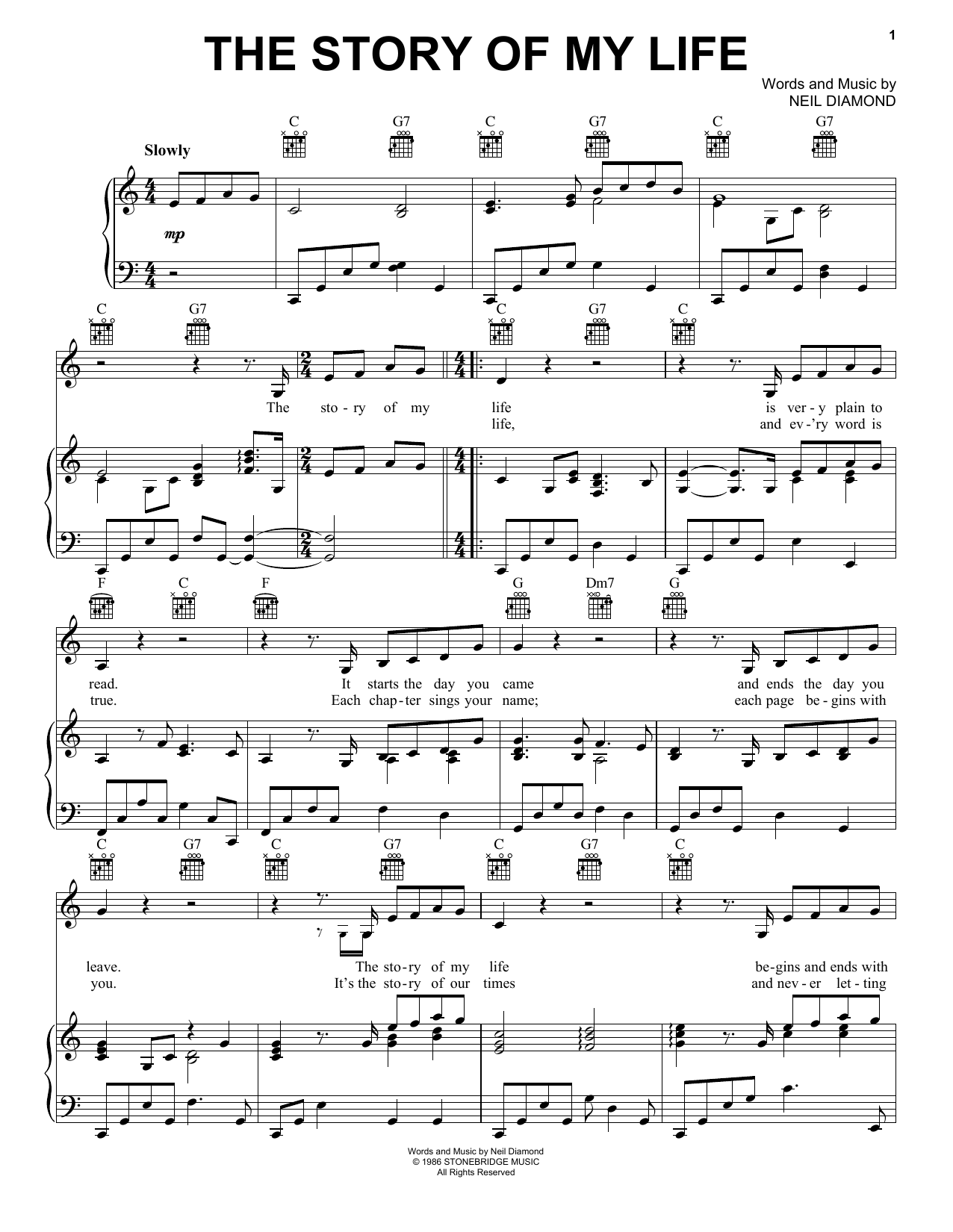 Neil Diamond The Story Of My Life sheet music notes and chords. Download Printable PDF.