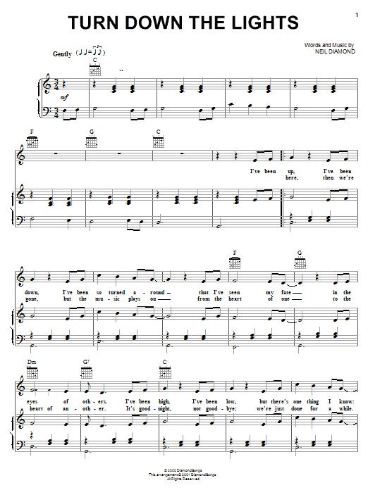 Learn to play Neil Diamond Turn Down The Lights sheet music for Piano, Vocal & Guitar Chords (Right-Hand Melody) in minutes. Price: 7.8900$ Neil Diamond Turn Down The Lights sheet music notes and chords arranged for Piano, Vocal & Guitar Chords (Right-Hand Melody)