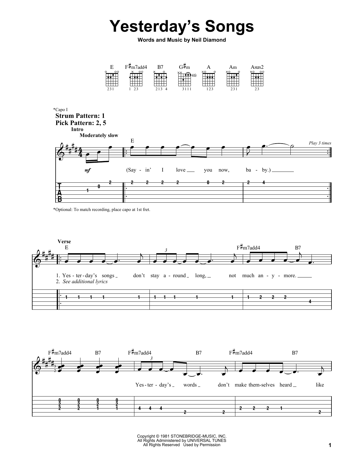 Learn to play Neil Diamond Yesterday's Songs sheet music for Ukulele in minutes. Price: 5.9900$ Neil Diamond Yesterday's Songs sheet music notes and chords arranged for Ukulele