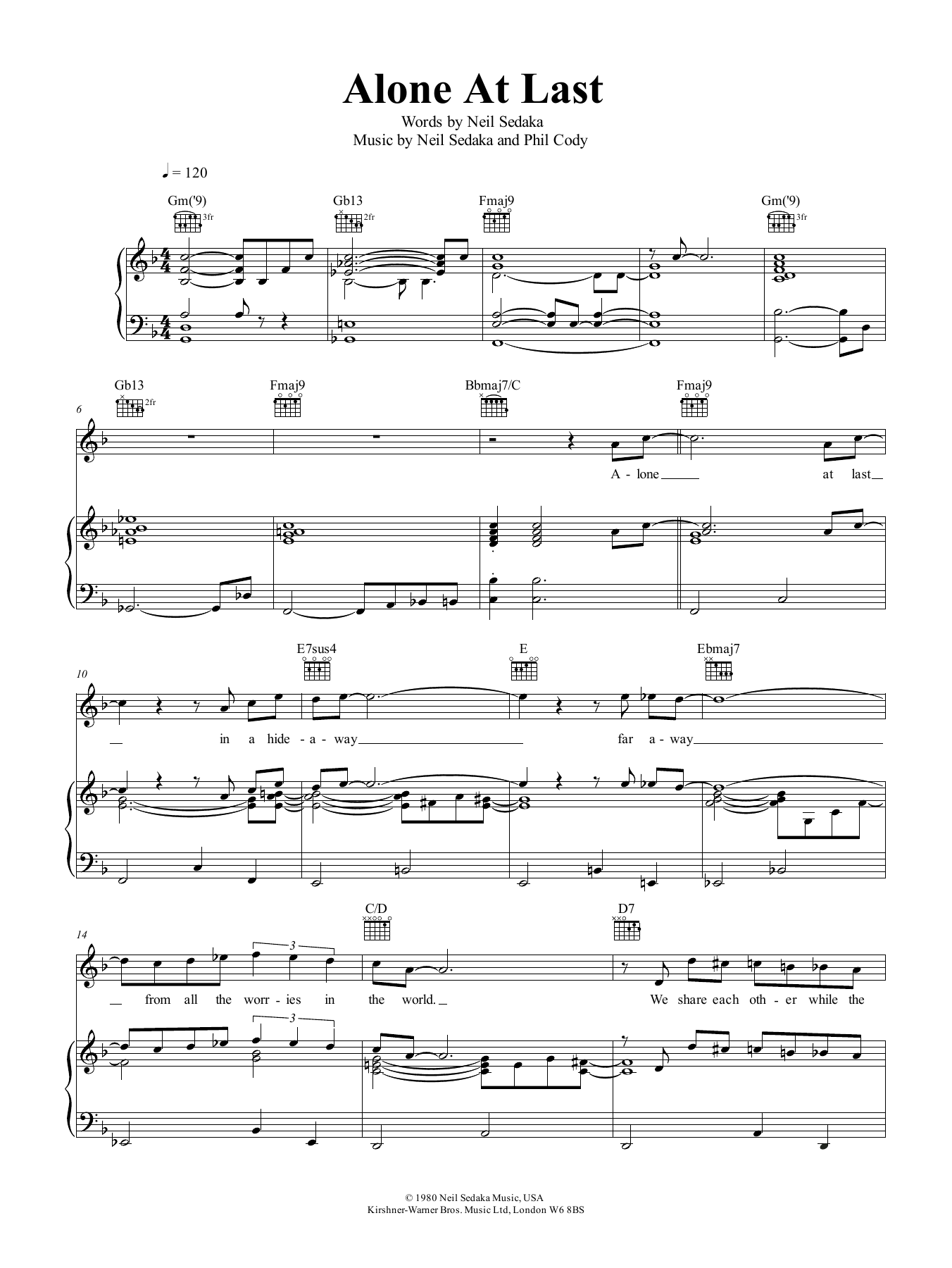 Neil Sedaka Alone At Last sheet music notes and chords arranged for Piano, Vocal & Guitar Chords (Right-Hand Melody)