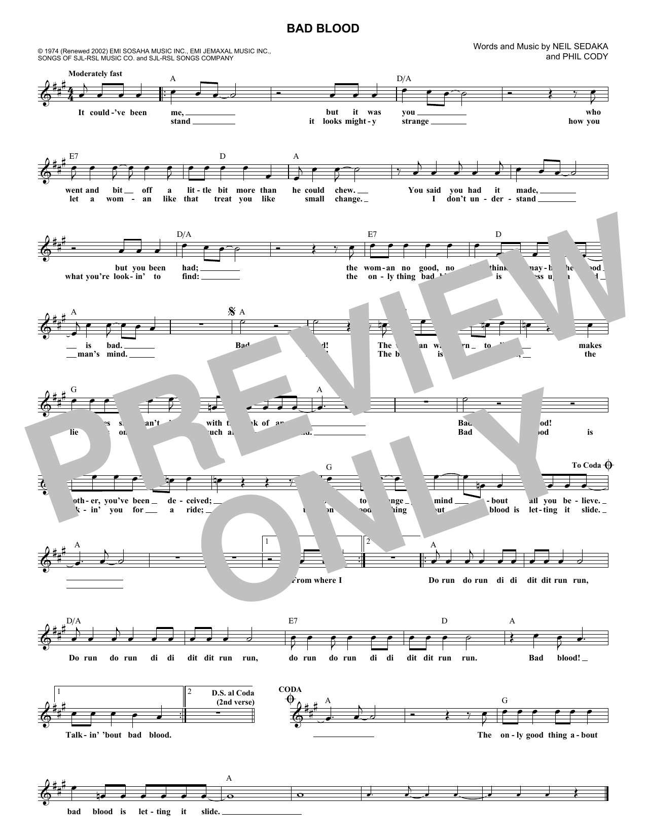 Neil Sedaka Bad Blood sheet music notes and chords. Download Printable PDF.