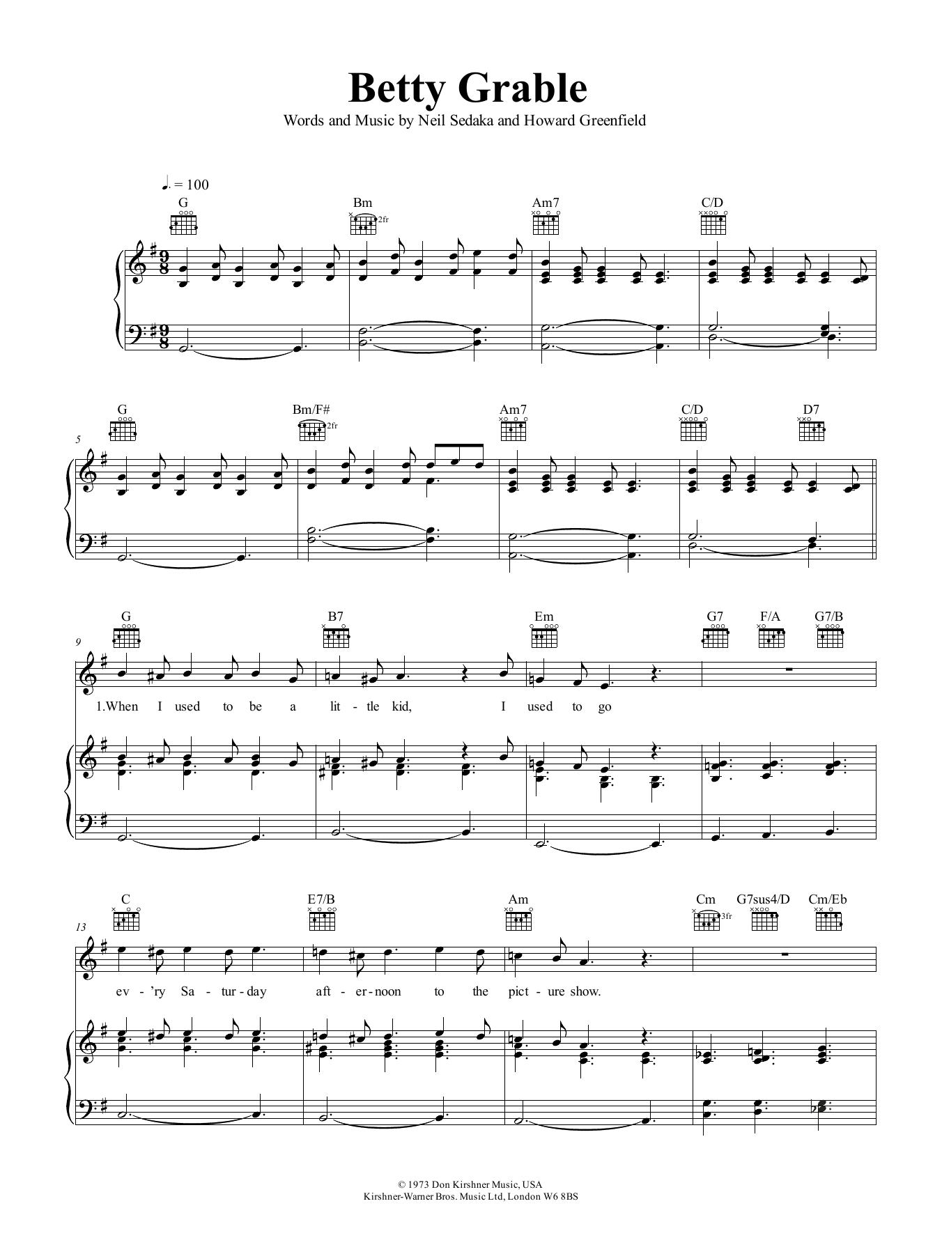 Neil Sedaka Betty Grable sheet music notes and chords arranged for Piano, Vocal & Guitar Chords (Right-Hand Melody)