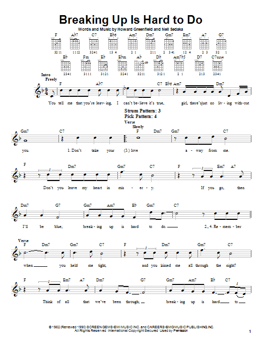 Neil Sedaka Breaking Up Is Hard To Do sheet music notes and chords. Download Printable PDF.