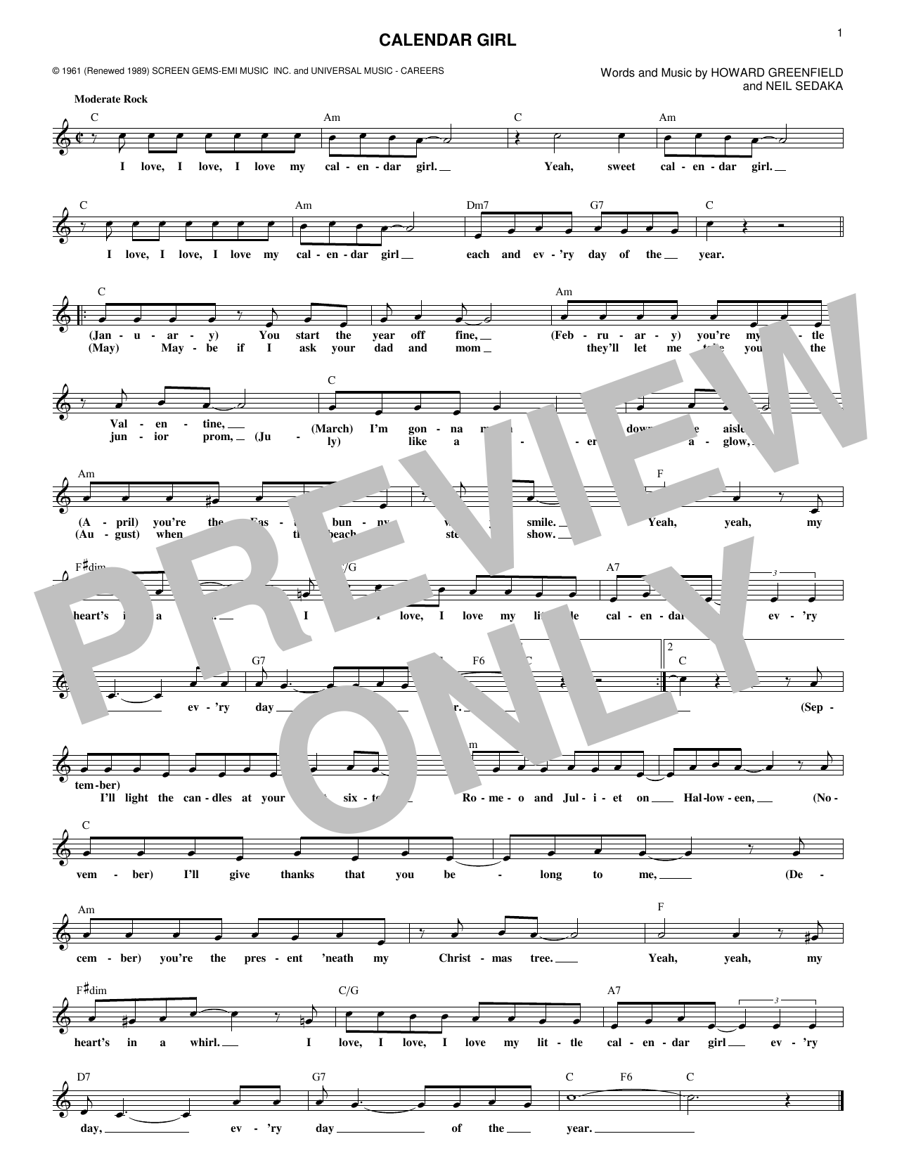 Neil Sedaka Calendar Girl sheet music notes and chords. Download Printable PDF.