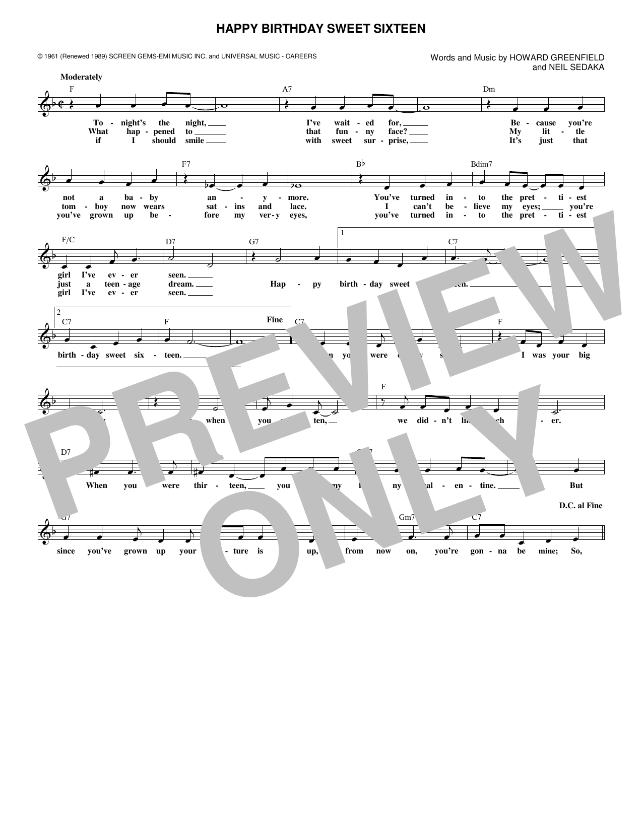 Neil Sedaka Happy Birthday Sweet Sixteen sheet music notes and chords. Download Printable PDF.