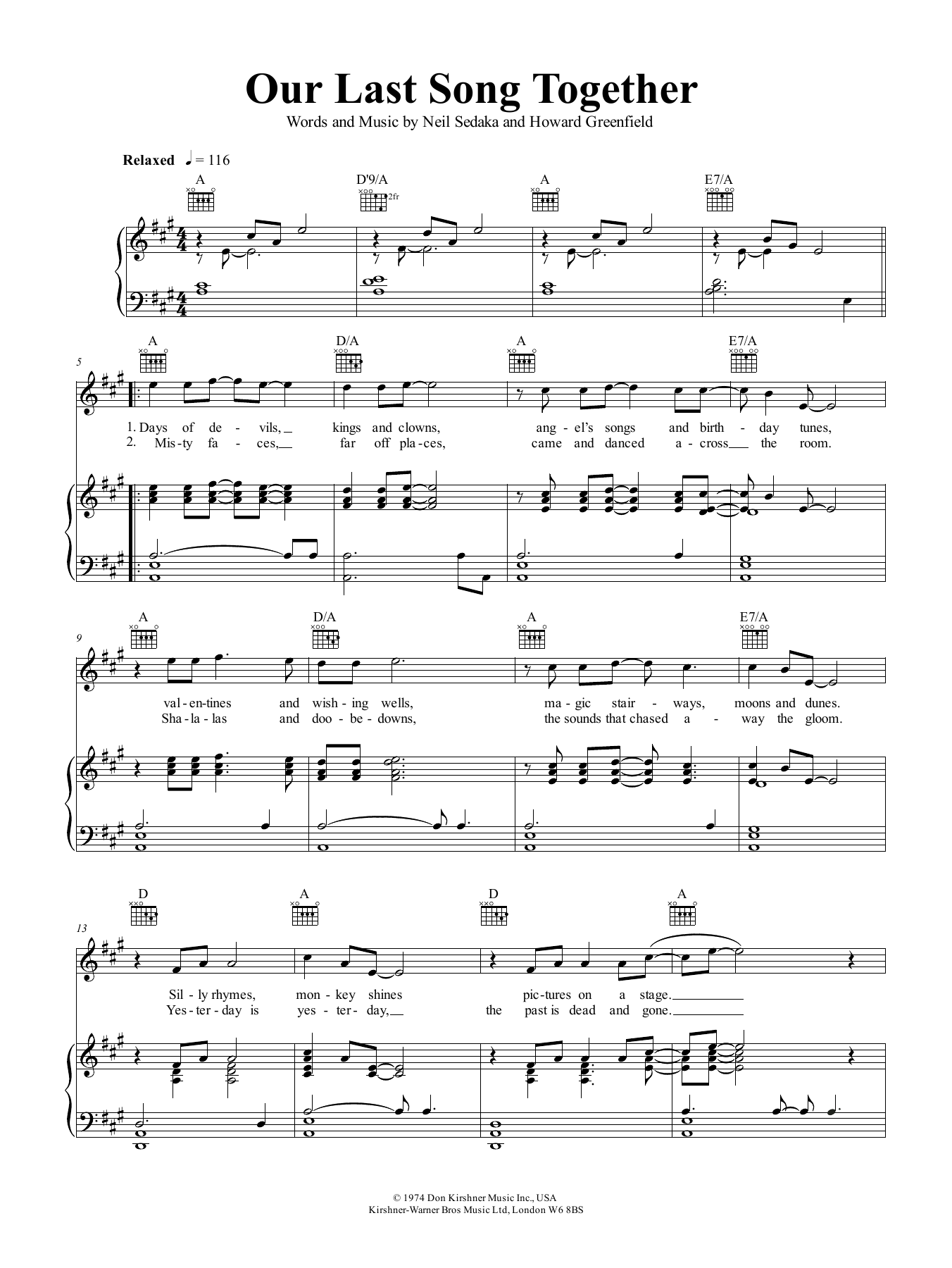 Neil Sedaka Our Last Song Together sheet music notes and chords. Download Printable PDF.