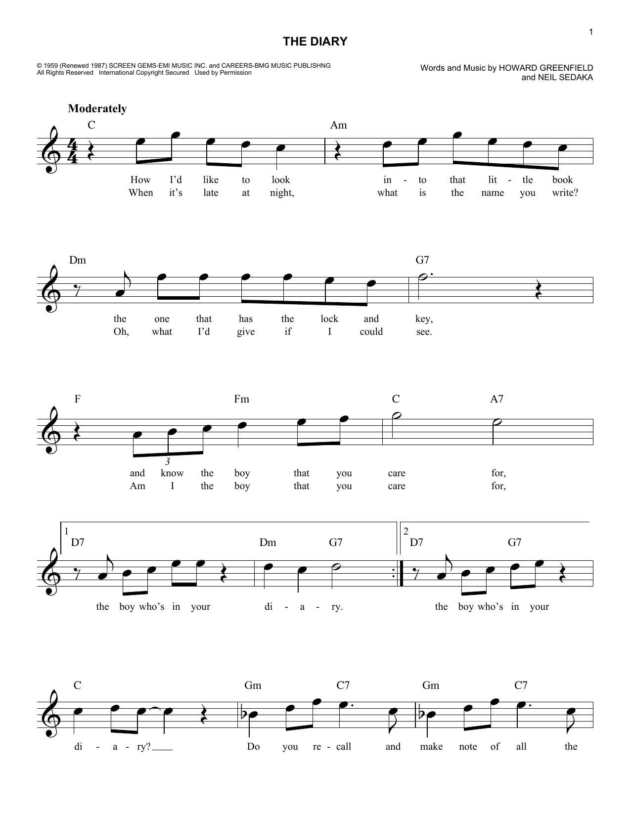 Learn to play Neil Sedaka The Diary sheet music for Lead Sheet / Fake Book in minutes. Price: 5.9900$ Neil Sedaka The Diary sheet music notes and chords arranged for Lead Sheet / Fake Book