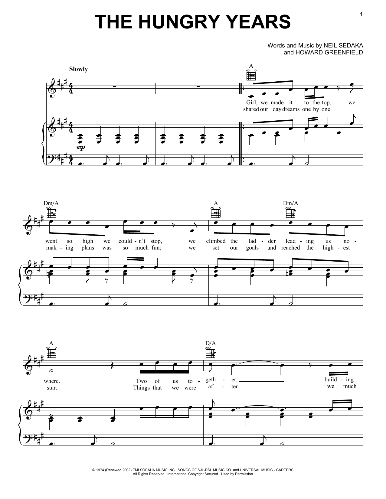 Neil Sedaka The Hungry Years sheet music notes and chords. Download Printable PDF.