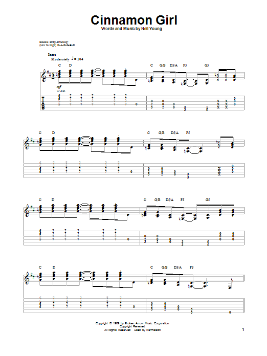 Neil Young Cinnamon Girl sheet music notes and chords. Download Printable PDF.