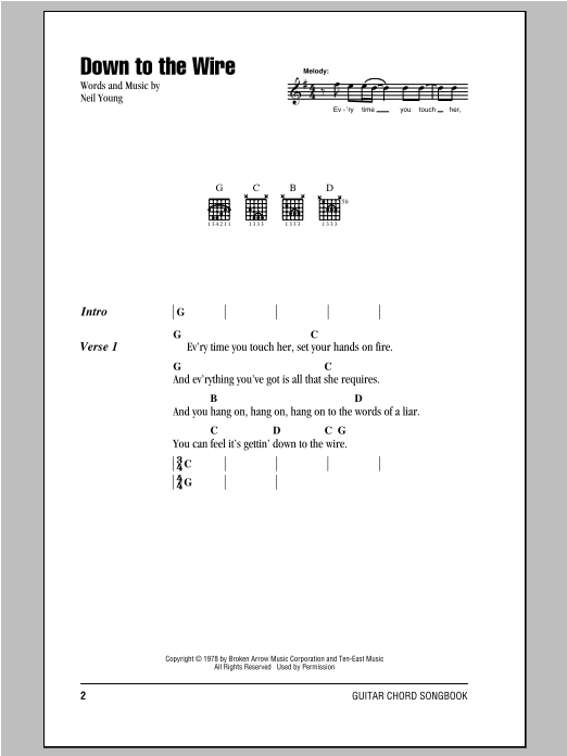 Neil Young Down To The Wire sheet music notes and chords. Download Printable PDF.