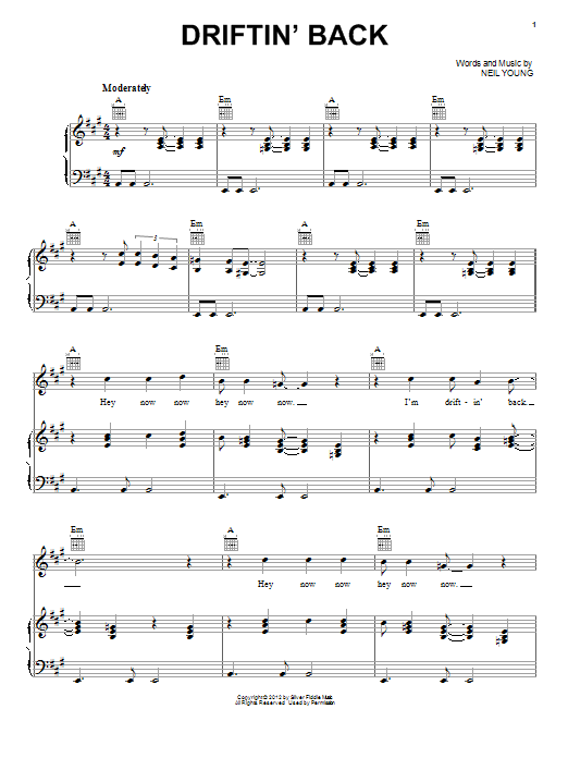 Learn to play Neil Young Driftin' Back sheet music for Piano, Vocal & Guitar Chords (Right-Hand Melody) in minutes. Price: 7.8900$ Neil Young Driftin' Back sheet music notes and chords arranged for Piano, Vocal & Guitar Chords (Right-Hand Melody)