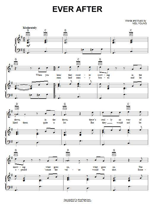 Learn to play Neil Young Ever After sheet music for Piano, Vocal & Guitar Chords (Right-Hand Melody) in minutes. Price: 7.8900$ Neil Young Ever After sheet music notes and chords arranged for Piano, Vocal & Guitar Chords (Right-Hand Melody)