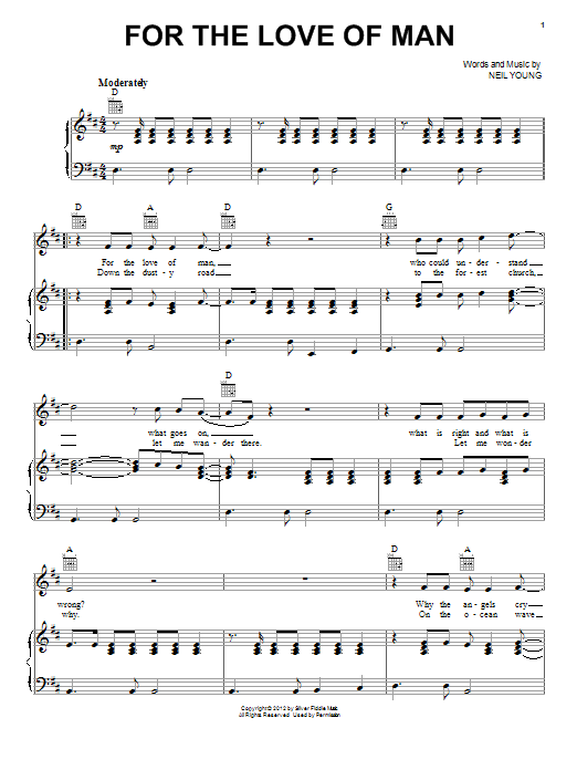 Learn to play Neil Young For The Love Of Man sheet music for Piano, Vocal & Guitar Chords (Right-Hand Melody) in minutes. Price: 7.8900$ Neil Young For The Love Of Man sheet music notes and chords arranged for Piano, Vocal & Guitar Chords (Right-Hand Melody)