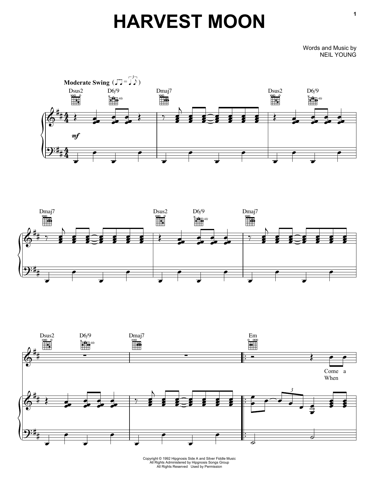 Neil Young Harvest Moon sheet music notes and chords. Download Printable PDF.