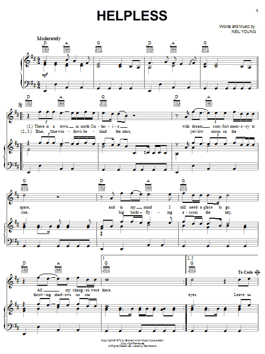 Neil Young Helpless sheet music notes and chords. Download Printable PDF.