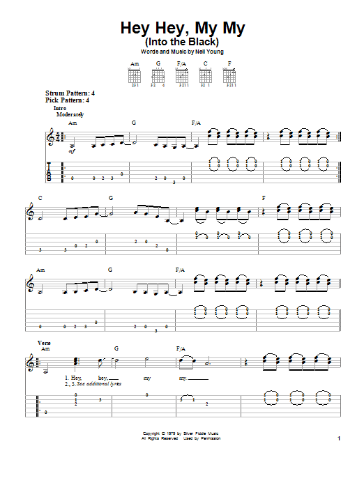 Neil Young Hey Hey, My My (Into The Black) sheet music notes and chords. Download Printable PDF.