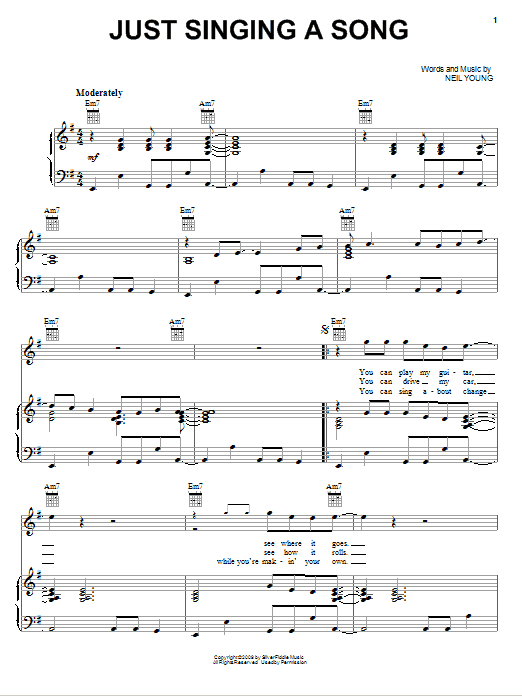 Learn to play Neil Young Just Singing A Song sheet music for Piano, Vocal & Guitar Chords (Right-Hand Melody) in minutes. Price: 7.8900$ Neil Young Just Singing A Song sheet music notes and chords arranged for Piano, Vocal & Guitar Chords (Right-Hand Melody)