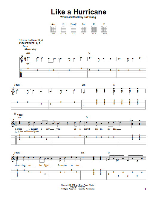 Neil Young Like A Hurricane sheet music notes and chords. Download Printable PDF.