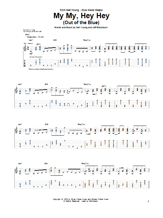 Learn to play Neil Young My My, Hey Hey (Out Of The Blue) sheet music for Guitar Tab in minutes. Price: 7.8900$ Neil Young My My, Hey Hey (Out Of The Blue) sheet music notes and chords arranged for Guitar Tab